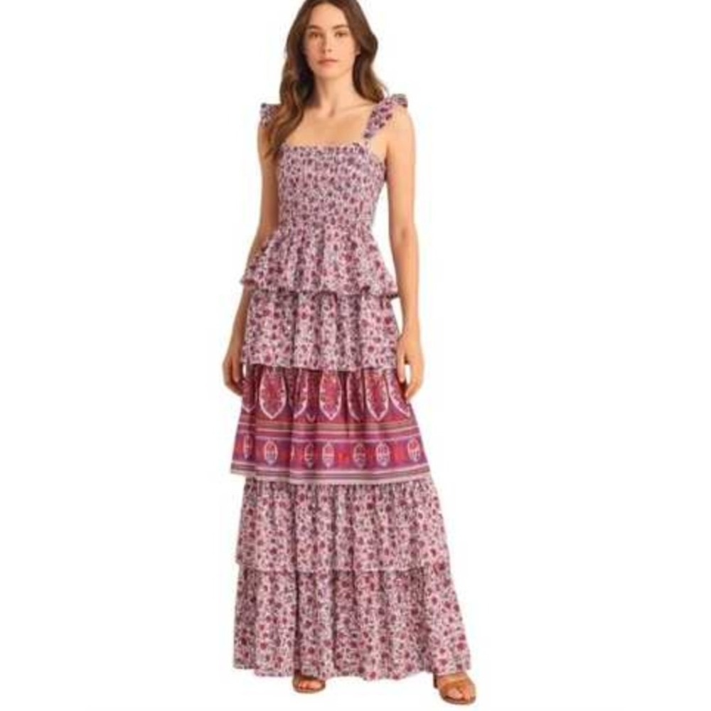 Abel the Label Floral Tiered Maxi Dress Pink Smocked Rayon Womens Size S